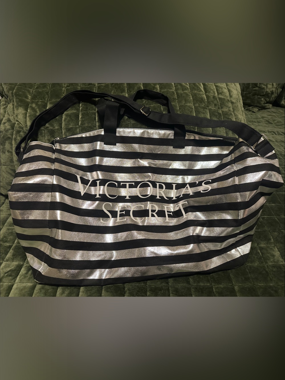 Victoria's Secret Black and Silver Metallic Stripe Travel Bag